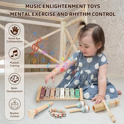LeeQee Montessori Toys for 1 2 3 Year Old - Wooden Toys Baby Musical Instruments, Neutral Colors Percussion Instruments Set with Modern Boho Xylophone for Toddlers 3+ Music Education thumbnail 6