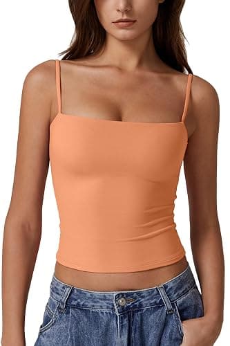 QINSEN Women's Double Lined Basic Tank Top Adjustable Spaghetti Straps Sleeveless Camisole Shirts - Image 1