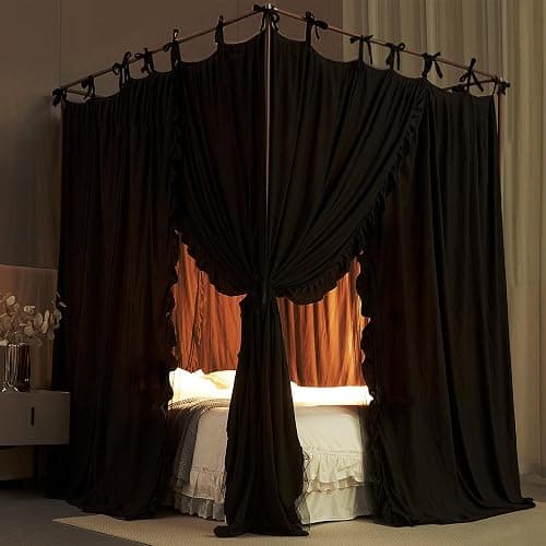 AIOOO 4 Corners Post Princess Curtain Bed Canopy Double Layer Cozy Mosquito Net Mesh and Cloth for Girls Adults Bedroom Decoration (Double-Black/Black, 64" W*82" L*82"*H/(Queen)) thumbnail 5