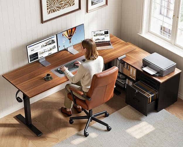 OffiGo 55 Inch L Shaped Electric Standing Desk with Drawers & File Cabinet Sets, Executive Sit Stand Desk, Height Adjustable Computer Desk for Home Office, Writing, Workstation, Walnut+Black thumbnail 2