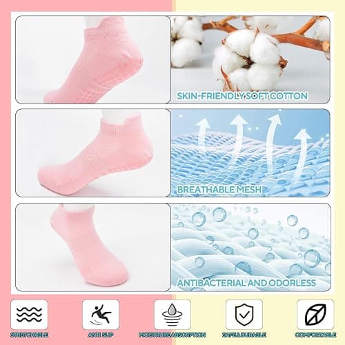 3 Pairs Pilates Grip Socks, Non Slip Yoga Socks for Women, Anti-Skid Grip Socks Breathable Cotton Socks for Yoga, Barre, Dance, Barefoot, Workout, Pregnant, Fitness and Ballet thumbnail 4
