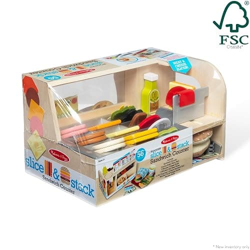Melissa & Doug Slice-Stack-Serve, Wooden Sandwich Counter Pretend Play Store with Play Food Toys, Play Money & Deli Slicer, Preschool Toys for Kids 3+ thumbnail 3
