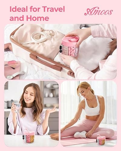 AMOOS Cute Pill Dispenser with 7 Compartments, Anti-Mix Pill Bottle Organizer, Portable Pill Organizer for Travel, Wide Mouth for Easy Access, BPA-Free Patented Pill Container, Travel Essentials, Pink thumbnail 7