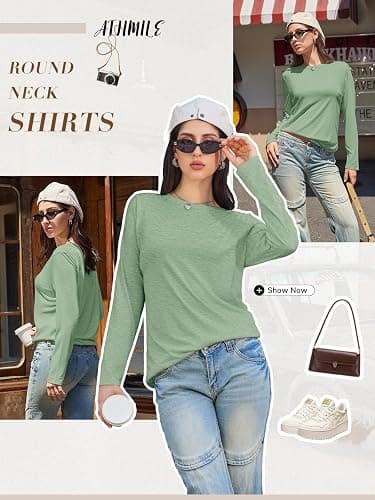 ATHMILE Womens Long Sleeve Shirts Basic Tee Fall Trendy Spring Top Business Casual Beach Vacation Workout 2025 Fashion - Small - Light Green thumbnail 3