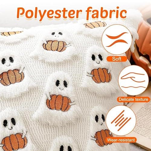 Halloween Pillow Covers 18x18 Inch, Set of 2, 3D Plush Ghosts with Pumpkins | Soft polyester, faux fur details, embroidered pumpkins, hidden zipper, inserts not included, for couch and bed decor thumbnail 3