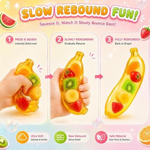 Clear Banana Squishy Toy with Colorful Fruit, Squeeze Stress Relief Toy | Slow Rising Banana Fidget Toys, Soft Anxiety Relief Sensory Toys, Realistic Fruit Shape Squeeze Toys, Birthday Party Favors thumbnail 4