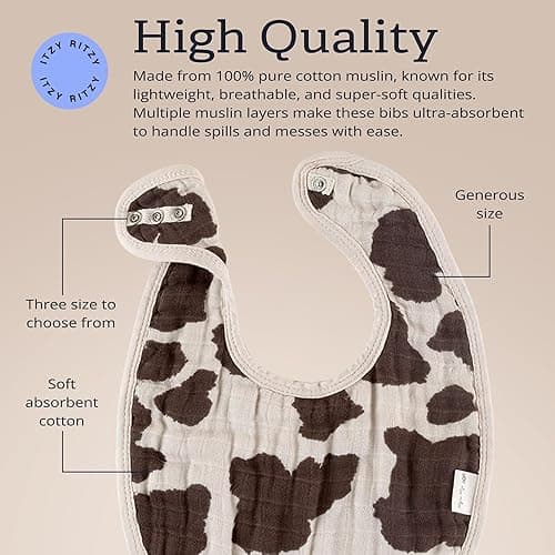 Itzy Ritzy Set of 3 Baby Bibs - Ultra-Soft Adjustable Infant & Toddler Bibs Made of Triple-Layer Cotton Muslin, Ideal for Drooling, Teething, & Eating - 3 Stylish, Coordinating Prints (Cow Print) - Cow Print thumbnail 6