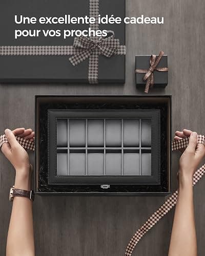 SONGMICS Boîte à Montres, 12 Emplacements, Coffret à Montres, Écrin, Couvercle en Verre, Coussinets Amovibles, Serrure en Métal, Revêtement en Noir et Doublure en Noir JWB12B thumbnail 7
