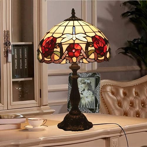 Lampe Tiffany Stil Tischlampe, Schreibtisch Schlafzimmer Lesung Bankierlampe, Beige Rot Buntglas Mediterran Libelle Lampenschirm, W12 H19 Zoll, Mission Nacht Wohnzimmer Tischleuchte,Resin base thumbnail 3