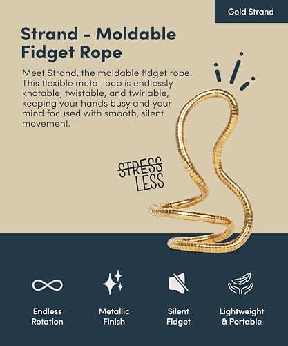 Speks Strand Moldable Fidget Ring | Elevated Sensory Tool for Teens & Adults | Silent Anxiety Sensory Tool | Flexible Metal Loop for Desk or Wrist | Gold thumbnail 2