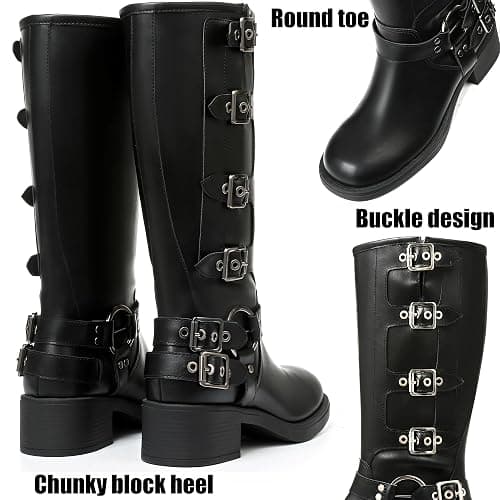 AMINUGAL Knee High Boots Women Square Toe Pull On Wide Calf Riding Fashion Buckles Chunky Metallic Casual Vintage Buckle Rivet thumbnail 5