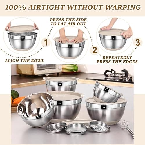 Umite Chef Mixing Bowls with Airtight Lids Set, 8PCS Stainless Steel Khaki Nesting Bowls with Grater Attachments, Kitchen Bowls with Non-Slip Bottoms, Size 5, 4, 3.5, 2, 1.5QT for Mixing & Serving thumbnail 7