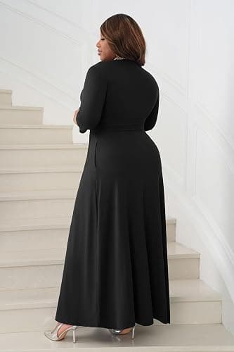 FANDEE Casual Maxi Dress for Women Summer Wtih Pockets 3/4 Sleeve V Neck Elastic High Waist Elegant Pleated A-Line Dresses thumbnail 7