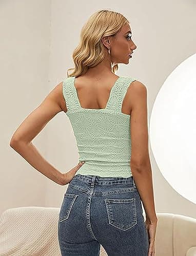 AIHUKOCY Women Square Neck Wide Strap Floral Crop Tank Top Sleeveless Lettuce Trim Solid Slim Cropped Cami Vest Tops thumbnail 2