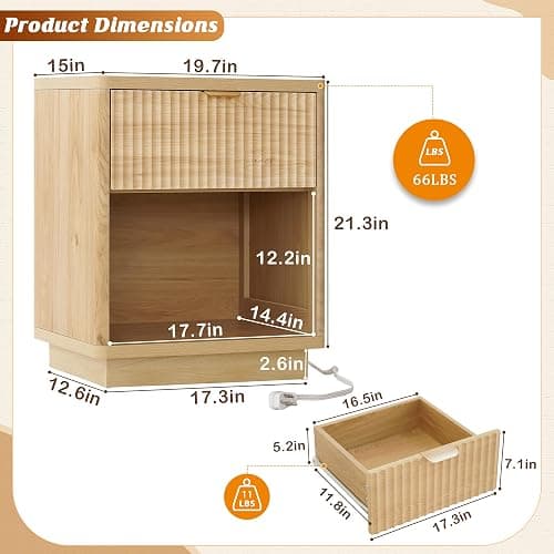 Nasonet Fluted Nightstand Charging Station,Wood Modern Night Stands Storage Cabinet for Bedroom,Oak Bedside Table with Drawers thumbnail 2