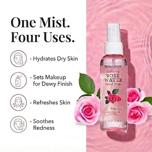 NATURE WELL Rose Water Hydrating Facial Toner Mist for Dewy & Radiant Skin, Refreshing, Conditioning, Soothing, Moisturizing, Perfect for Travel, 4 Fl Oz thumbnail 3