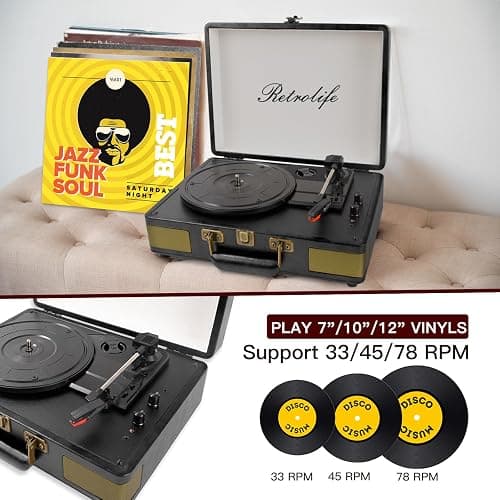 Retrolife Record Player 3 Speed Bluetooth Portable Suitcase Vinyl Player with Built-in Speakers Turntable Enhanced Audio Sound PU Leather Vintage thumbnail 3