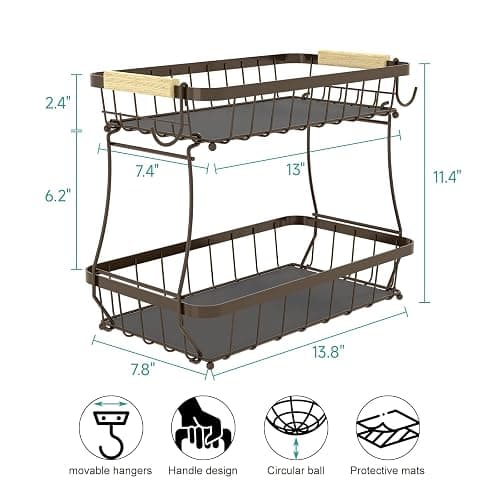 Sevenblue 2 Tier Fruit Basket for Kitchen Counter with 2 Banana Hangers, 2025 Pro Detachable Metal Fruit Bowl with Wooden Handle,Fruit Holder for Bread Snack Veggies, Brown thumbnail 2
