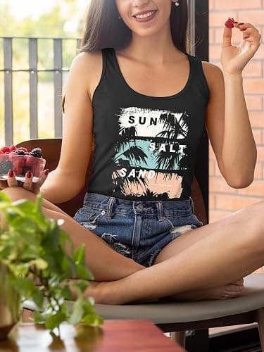 Women Vintage Beach Graphic Racerback Tank Top Summer Vacation Hawaiian Sunset Sun Sand Sleeveless Basic-Fit Shirt Cami thumbnail 6