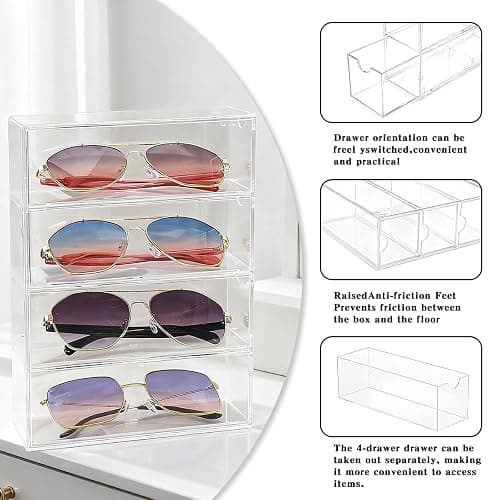 chunhai 2 Pack Sunglasses Organizer, Acrylic Eyeglass Case Clear Eyeglass Holder Eyewear Display Case with 4 Drawers for Women and Men, Jewelry Watch Storage thumbnail 6
