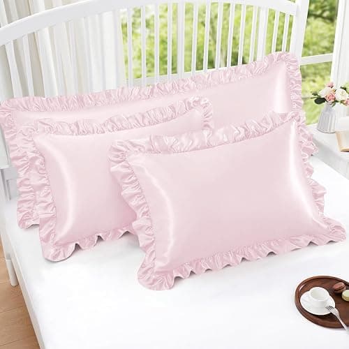Homiest Ruffle Satin Pillowcase for Hair and Skin, Standard Size Satin Pillow Covers Silky Pillow Cases Set of 2, Satin Ruffled Pillowcase with Envelope Closure, Anti Wrinkle Pillow Shams (Blush Pink) thumbnail 2