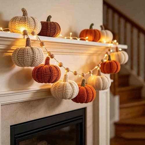 Fall Crochet Thanksgiving Pumpkin Garland, Hand‑Knitted Pumpkin Beaded Hanging String, Pre‑Assembled Autumn Mantel Garland for Halloween Thanksgiving Boho Home Wall Party Decor, 78.74 Inch thumbnail 6