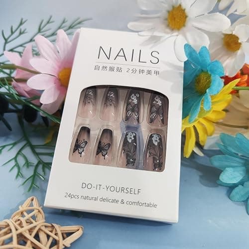 24Pcs Black Butterfly Press on Nails Glossy White Flower Medium Coffin False Nail Gradient Acrylic Full Cover Fake Nails French Gel Glue on Fingernails Ombre Stick on Nail for Holiday Manicure Art thumbnail 6
