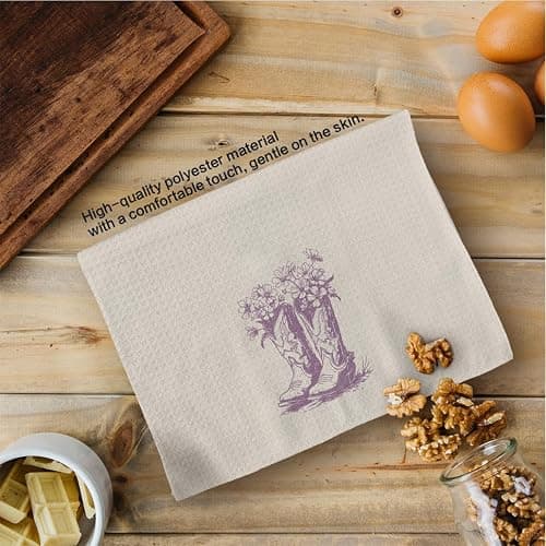 Tzhim Western Kitchen Towels, Preppy Cowboy Hand Towels, Black Cowgirls Boots Floral Rodeo Dishcloths Tea Towel for Kitchen, Vintage Retro Howdy Baby KitchenBathroom Decor Set of 2, 16x24in(Purple) thumbnail 7
