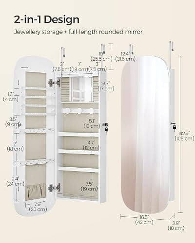 SONGMICS Jewelry Organizer, LED Jewelry Cabinet, Wall/Door Mounted | Rounded Wide Mirror with Storage, Cloud White Surface with Tan Lining, AILEAS Collection UJJC026W01 thumbnail 2