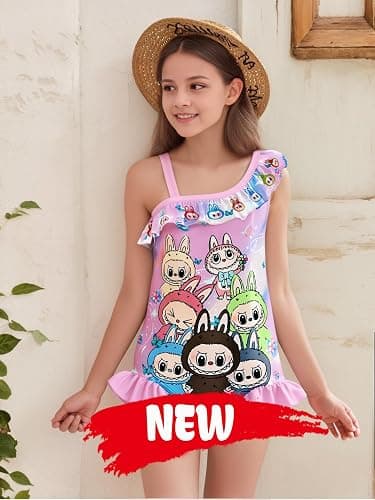 Difforever Girls Swimsuit One Piece Cute Monster Bathing Suit for 5-12 Years Kids Beach Swimwear - Deeppink - 7-8 Years thumbnail 2