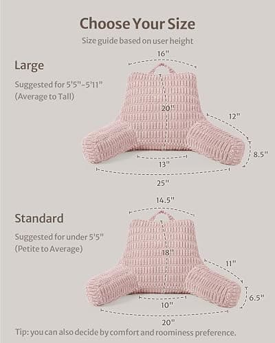 Blissful Diary Reading Pillow, Large Backrest Pillow with Shredded Memory Foam for Adult & Children, Designed for Bed and Couch Sitting Up, Includes Arms, Pockets and Washable Cover, Pale Pink thumbnail 2