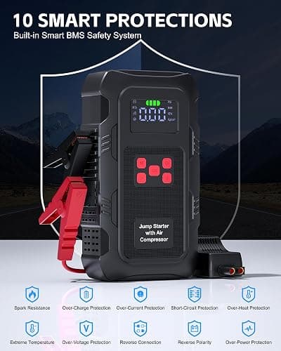 HPBS 5000A Jump Starter with Air Compressor, Portable Car Battery Jump Starter with 150 PSI Tire Inflator for Up to 10.0L Gas and 8.0L Diesel Engines, 12V Jump Box Battery Charger Booster(Red) thumbnail 7