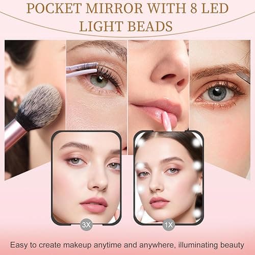 Compact Mirror with Light, 1X/3X Magnification LED Pocket Mirror for Women | Portable, Travel, Purse, Pocket, Gift, black, mini, small, essentials, led, fiberglass, batteries, rectangular thumbnail 3