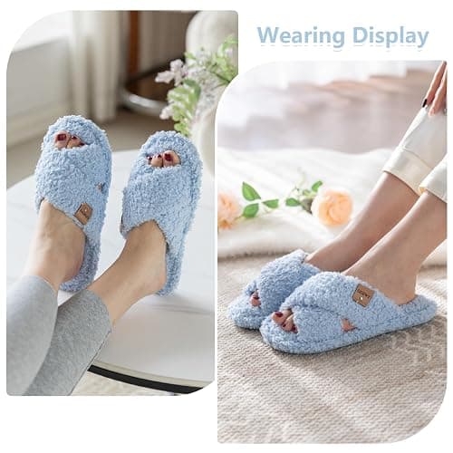 GOEWY Fuzzy Open Toe Slippers for Women Cozy Memory Foam House Shoes Indoor | Cute Cross Band,Soft Faux Fur,Anti-slip Sole Outdoor,Machine-washable,Lightweight,Slip on Gifts for Women,Mom and Bridesmaid thumbnail 2