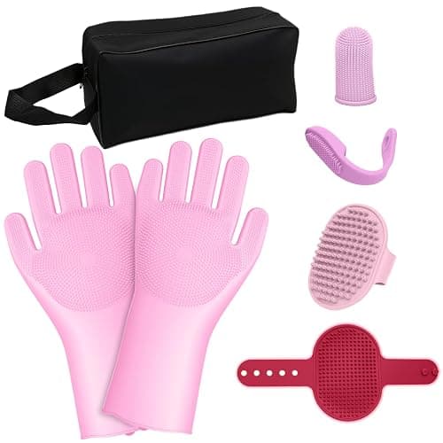 MIYIJHY 7-Piece Pet Grooming Kit with Storage Bag | Portable Bathing Set for Dogs & Cats | Includes Silicone Gloves, Deshedding Brushes & Finger Toothbrushes | All-in-One Pet Care (Pink) thumbnail 9