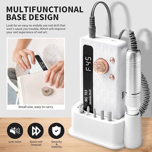 Professional Nail Drill Kit 45000RPM, Portable Electric Nail File with 13 Bits & 56pcs Sanding Bands,LED Screen,Ultra-Silent, Rechargeable Nail Drills Machine for Acrylic Nails Gel Polishing (White) thumbnail 3