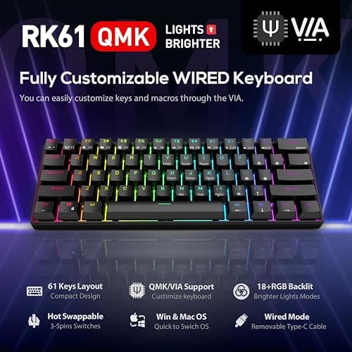 RK ROYAL KLUDGE RK61 Wired 60% Mechanical Gaming Keyboard Programmable QMK/VIA RGB Backlit 61 Keys Ultra-Compact Hot Swappable Brown Switch Black thumbnail 2