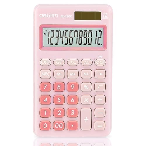 deli Standard Function Basic Calculator, 12 Digit Desktop Calculator with Large LCD Display, Solar Battery Dual Power Office Calculator, Pink - Small Pink