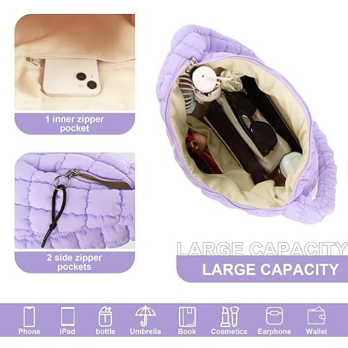 Quilted Puffer Tote Bag Purse Puffy Crossbody Shoulder Bag,Lightweight Nylon Hobo Bag Puffer Carryall Bag for Women Girl thumbnail 2