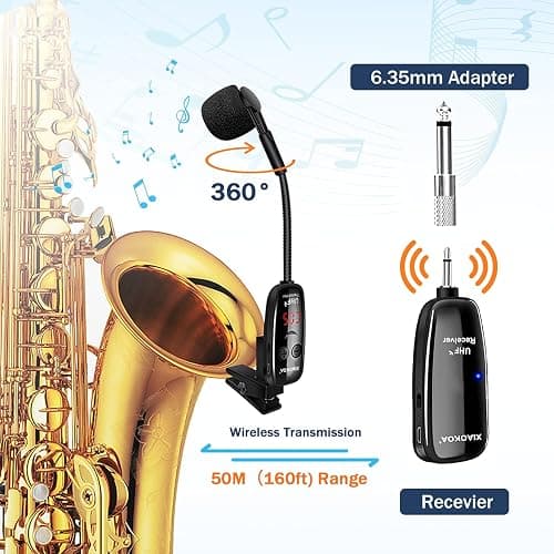 Wireless Saxophone Microphone, UHF Microphones for Sax, Charging Clip Mic with Digital Display, for Trumpet Tuba Trombone Cornet FrenchHorn Instrument Practice Teaching Street Bars Stage Performance thumbnail 3
