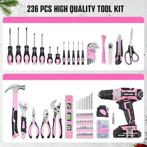 Bielmeier 20V 236Pcs Cordless Pink Drill Set for Women, Lady’s Essential Home Tool Kit with Pink Bag, Perfect DIY Electric Screwdriver Set for Home Repair & Gifts thumbnail 5