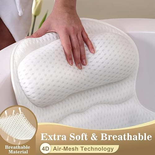 Bath Pillow Luxury Bathtub Pillow, Extra Soft & Comfortable Bath Pillows for Tub Head Neck and Back Support, with 4D Air Mesh Cushions & Non-Slip Suction Cups - Bath Accessories Spa Gifts for Women thumbnail 3