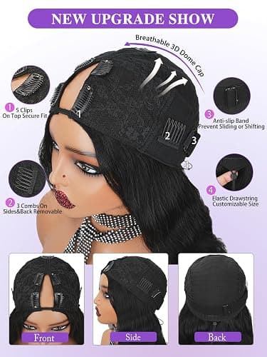 Tahikie V Part Wig Human Hair Body Wave 200% Density Upgrade U Part Wigs With Drawstring No Sew in No Glue Half Wigs Human Hair V Shape Clip In Half Wig For Women Natural Color 18 Inch thumbnail 3