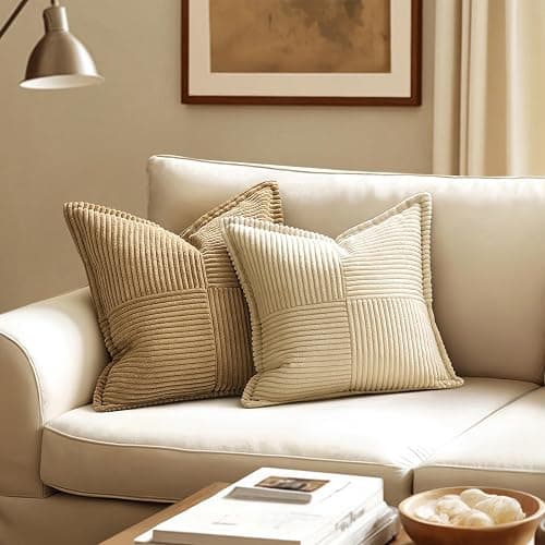 MIULEE Decorative Throw Pillow Covers for Couch Bed Livingroom 18x18 Inch Set of 2 Cream Boho Accent Throw Pllows Broadside Striped Patchwork Soft Corduroy Pillowcases thumbnail 2