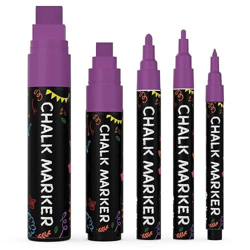 5 Purple Chalkboard Chalk Pens - Purple Dry Erase Markers for Blackboard, Chalkboard Signs, Windows, Glass | Variety Pack - Fine & Jumbo Size Ink Pen (1mm, 3mm, 6mm, 10mm, 15mm) - Image 1