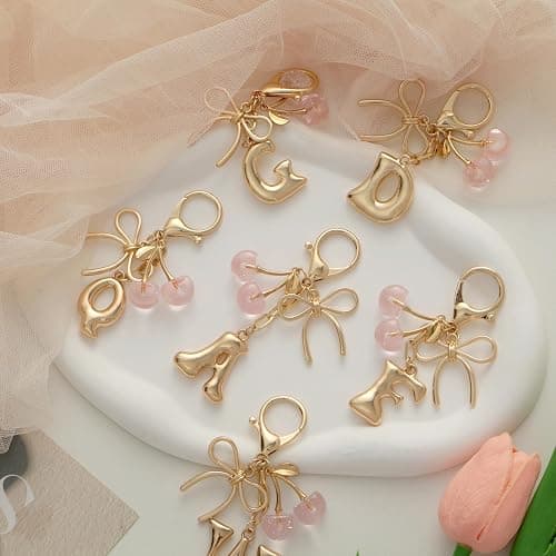 Snycler Bubble Initial Keychain with Bow & Cherry - Gold Letter Bag Charms for Women, Cute Purse Handbag Accessories thumbnail 3