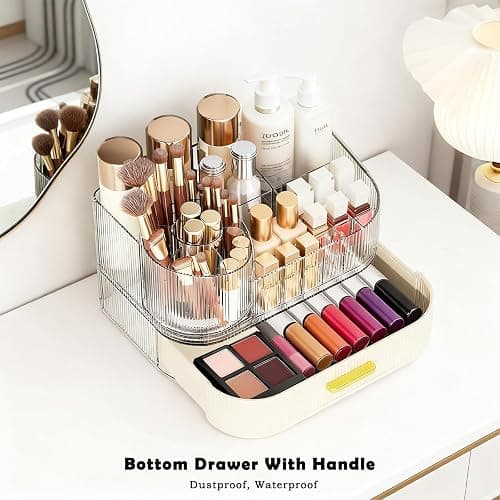 ShinyDew Makeup Organizer Countertop with 360 Rotating Brush Holder, Make Up Organizers For Vanity With Drawer, Bathroom Countertop Skincare Organizer And Storage thumbnail 6