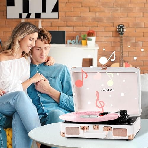 3-Speed Vinyl Record Player Turntable Portable Suitcase with Bluetooth, Rechargeable Battery, Aux/RCA/Headphone Jacks, Compact Retro Design for Vinyl Lovers thumbnail 8