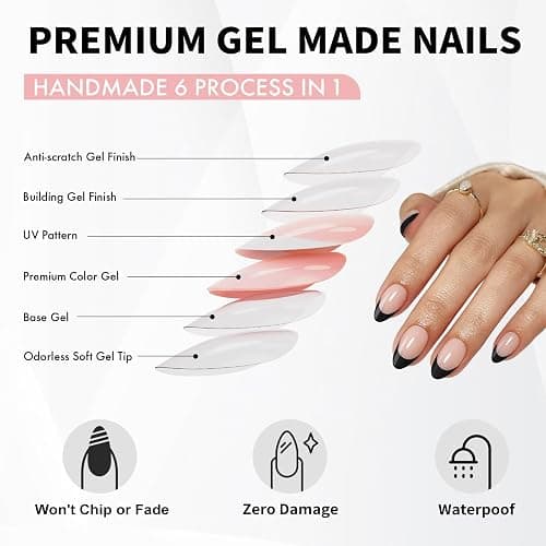SHANGMENG Black French Tip Press on Nails Almond - Soft Gel Short Press on Nails for Women Gift, Fit Perfectly & Natural Reusable Stick on Nails in 16 Sizes - 32 Fake Nails with Glue, French Black thumbnail 3