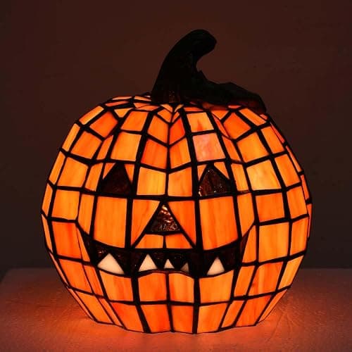 Bieye L10927 Carved Pumpkin Tiffany Style Stained Glass Accent Table Lamp for Halloween Decor thumbnail 4